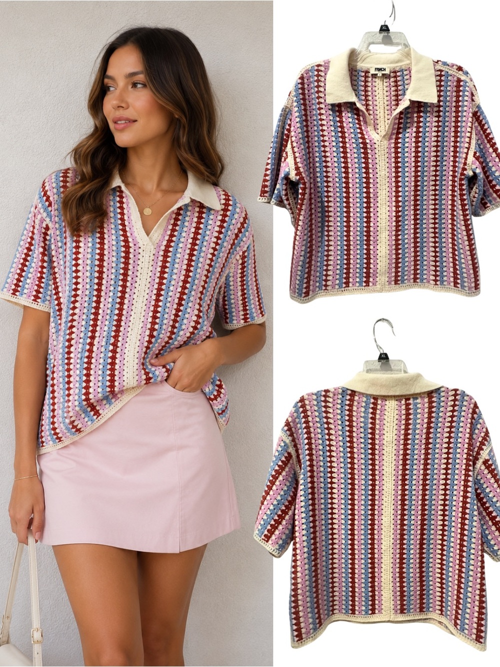 ❗️ FRNCH Multicolor Striped Crochet Polo Top with Cream Trim Size Small Boxy